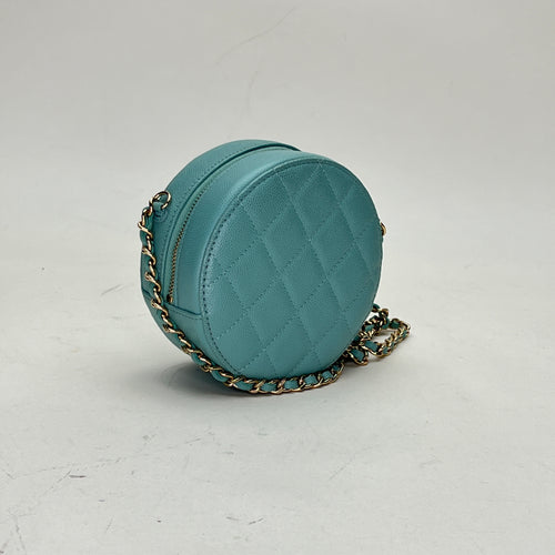 Round Clutch with Chain Blue Crossbody Bag in Caviar Leather, Light Gold hardware