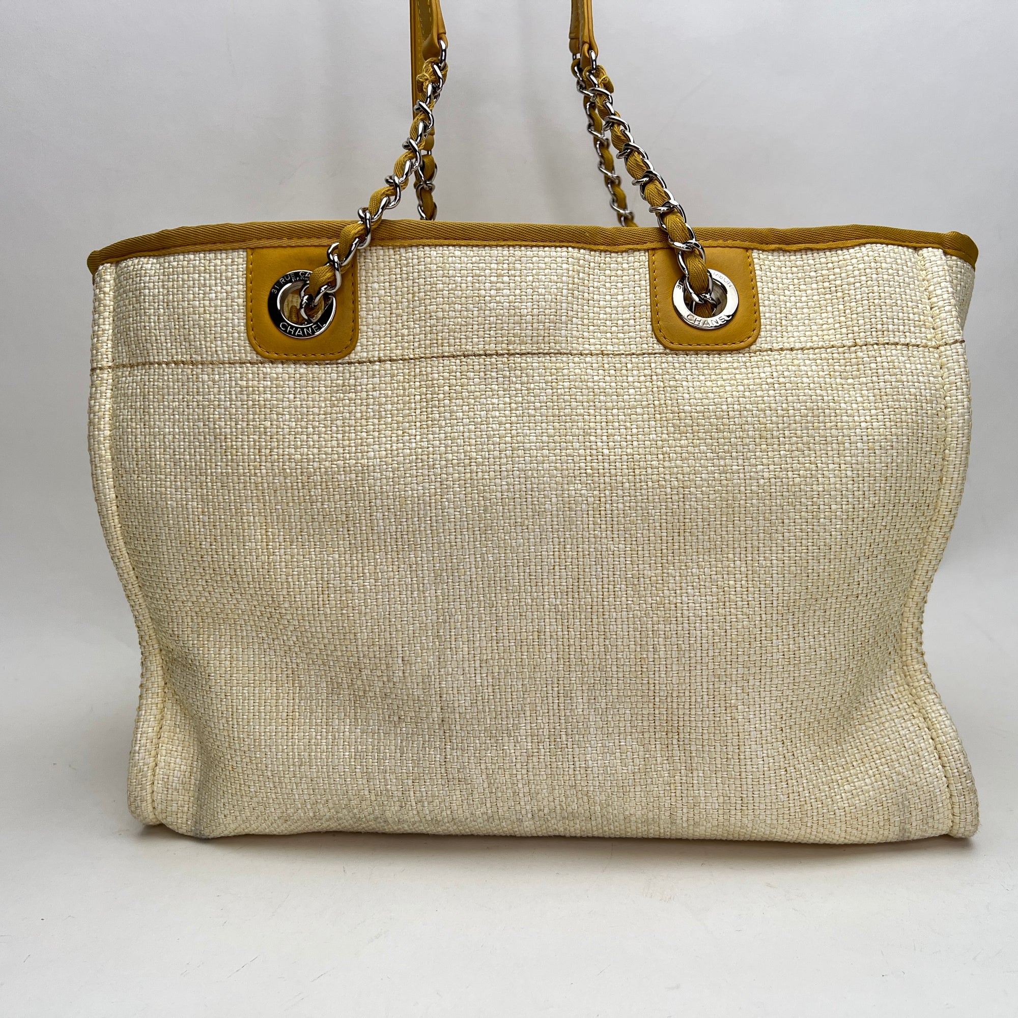 Deauville Small Yellow Tote Bag in Raffia, Silver hardware