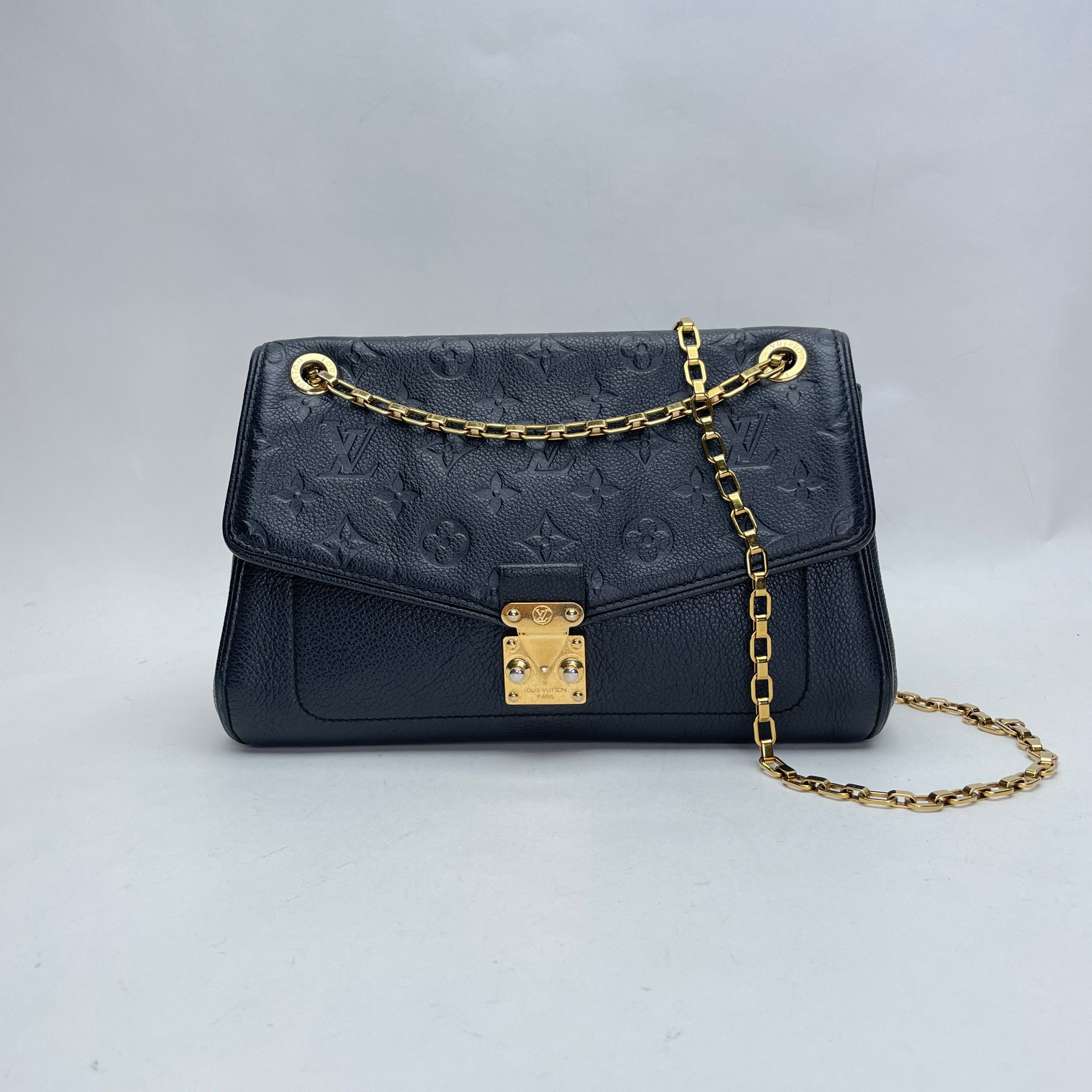 Saint Germain PM Black Shoulder Bag in Monogram Empreinte Leather, Gold hardware