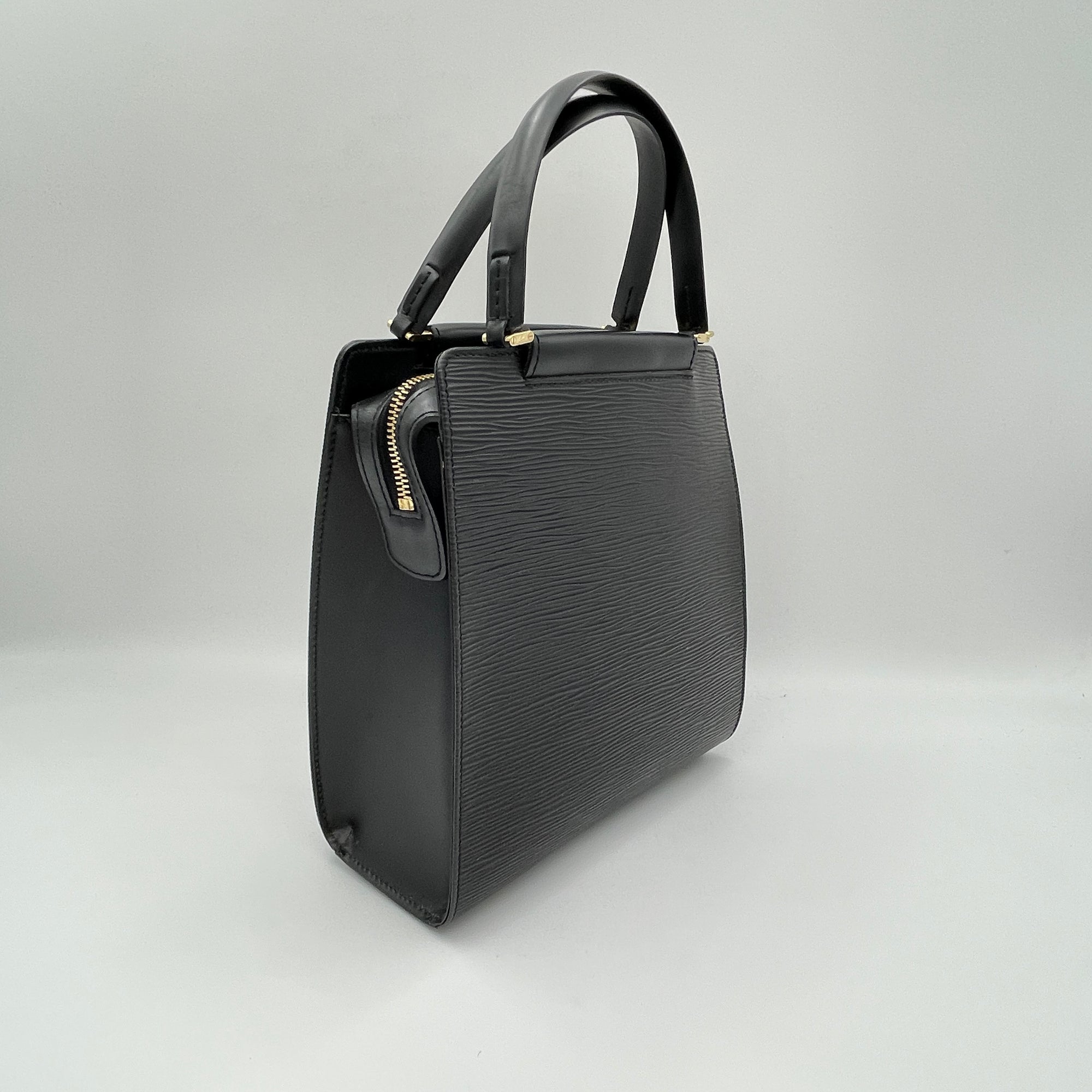 Figari PM Black Top Handle Bag in Epi Leather, Gold hardware