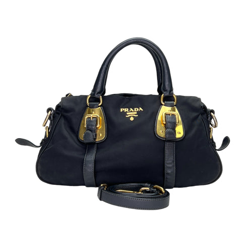 Satchel Black Top Handle Bag in Nylon, Gold hardware