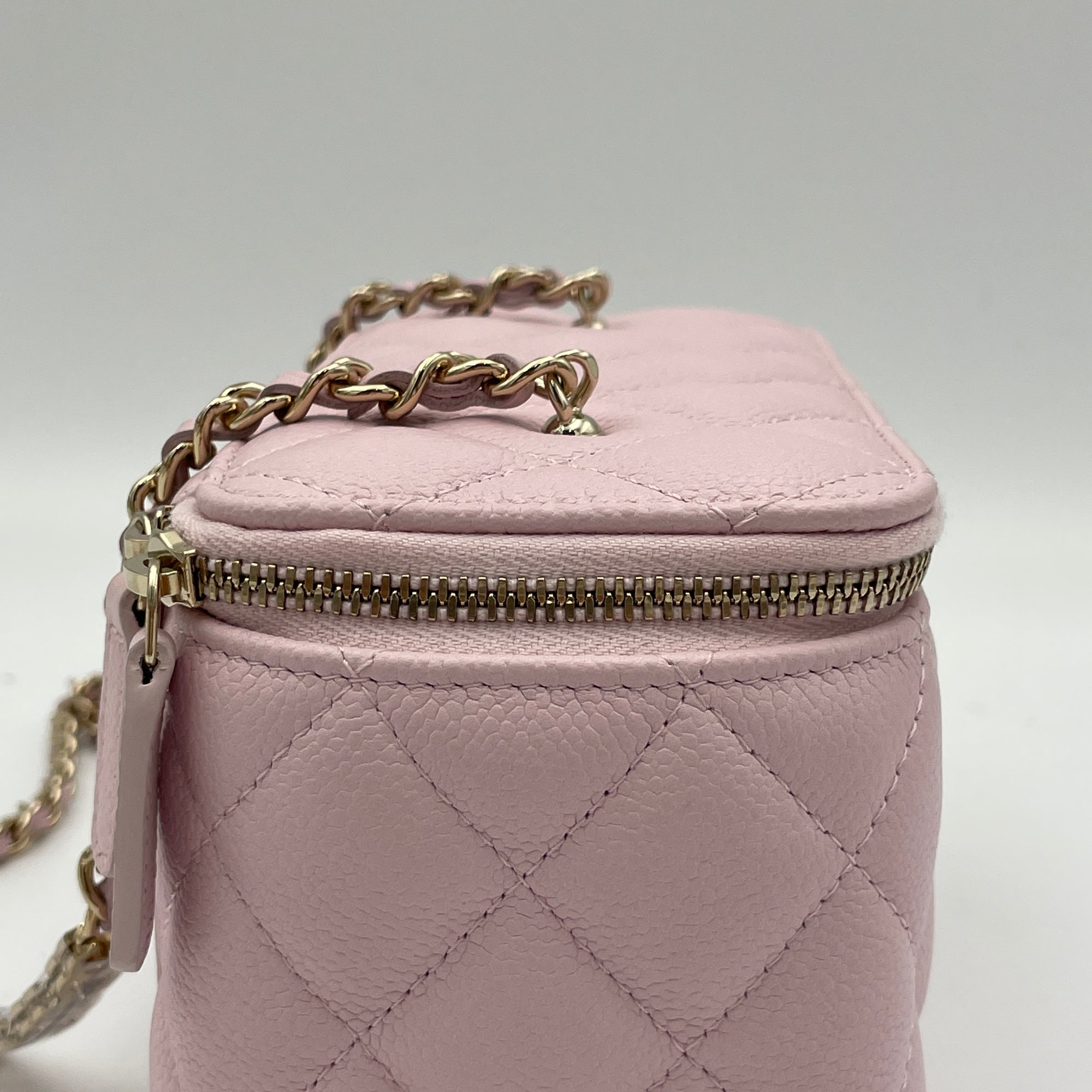 Quilted Pink Vanity Bag in Caviar Leather, Light Gold hardware