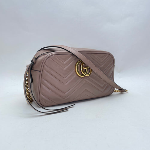 GG Marmont Small Pink Crossbody Bag in Calfskin, Gold hardware