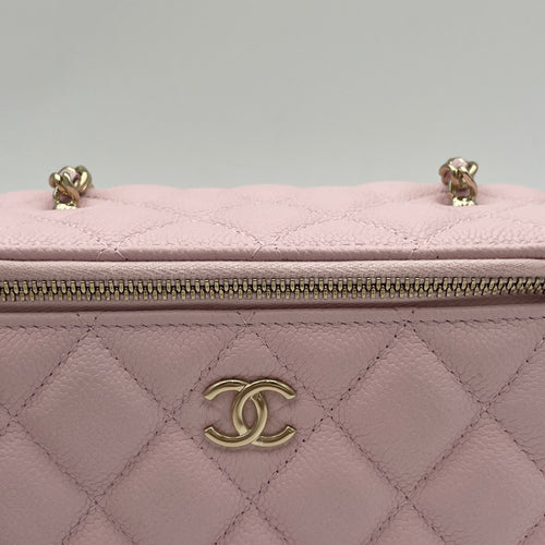 Quilted Pink Vanity Bag in Caviar Leather, Light Gold hardware