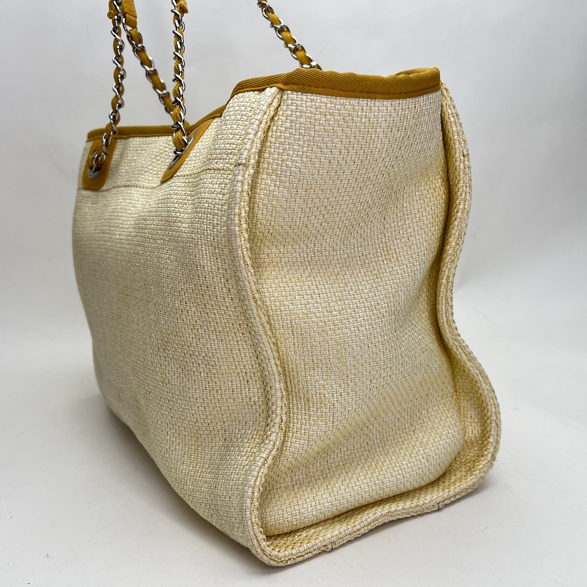 Deauville Small Yellow Tote Bag in Raffia, Silver hardware