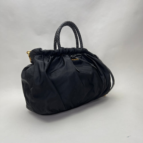 Braided Top Handle Bag Black Top Handle Bag in Nylon, Gold hardware