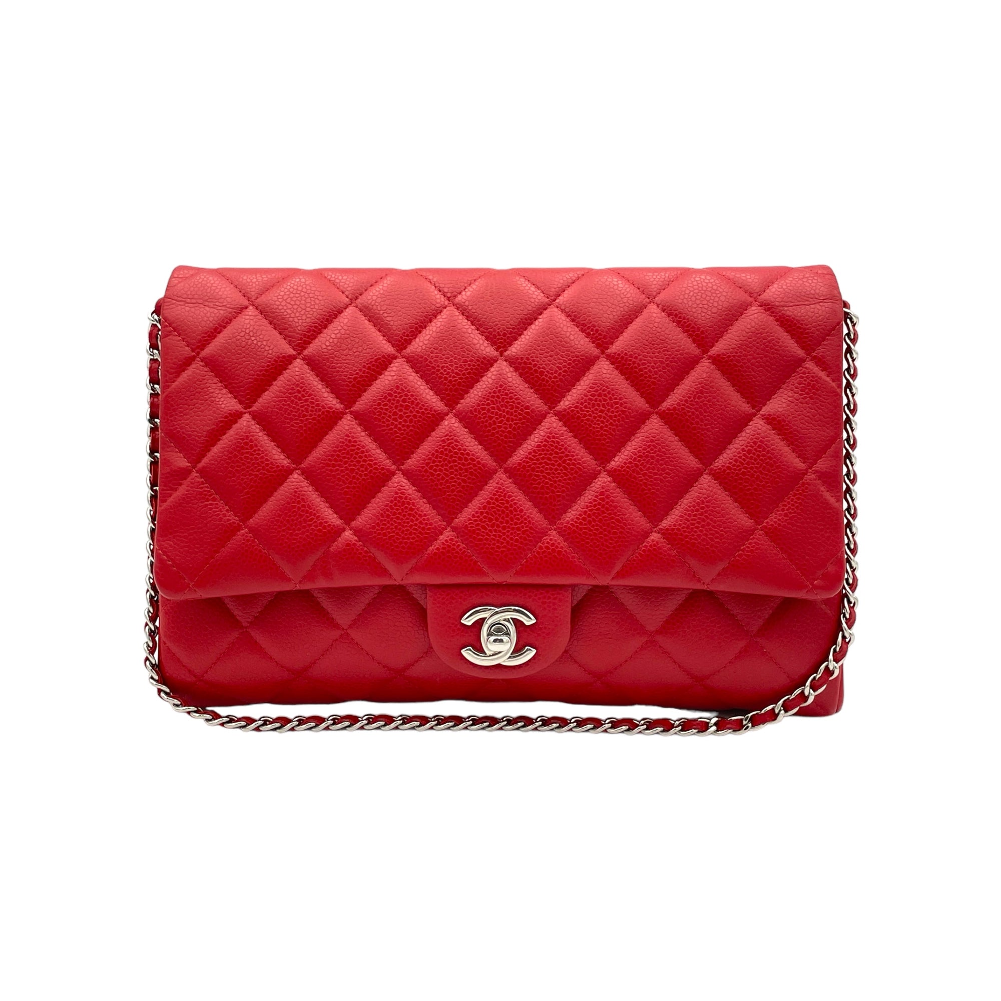 Quilted Chain Red Clutch in Caviar Leather, Silver hardware