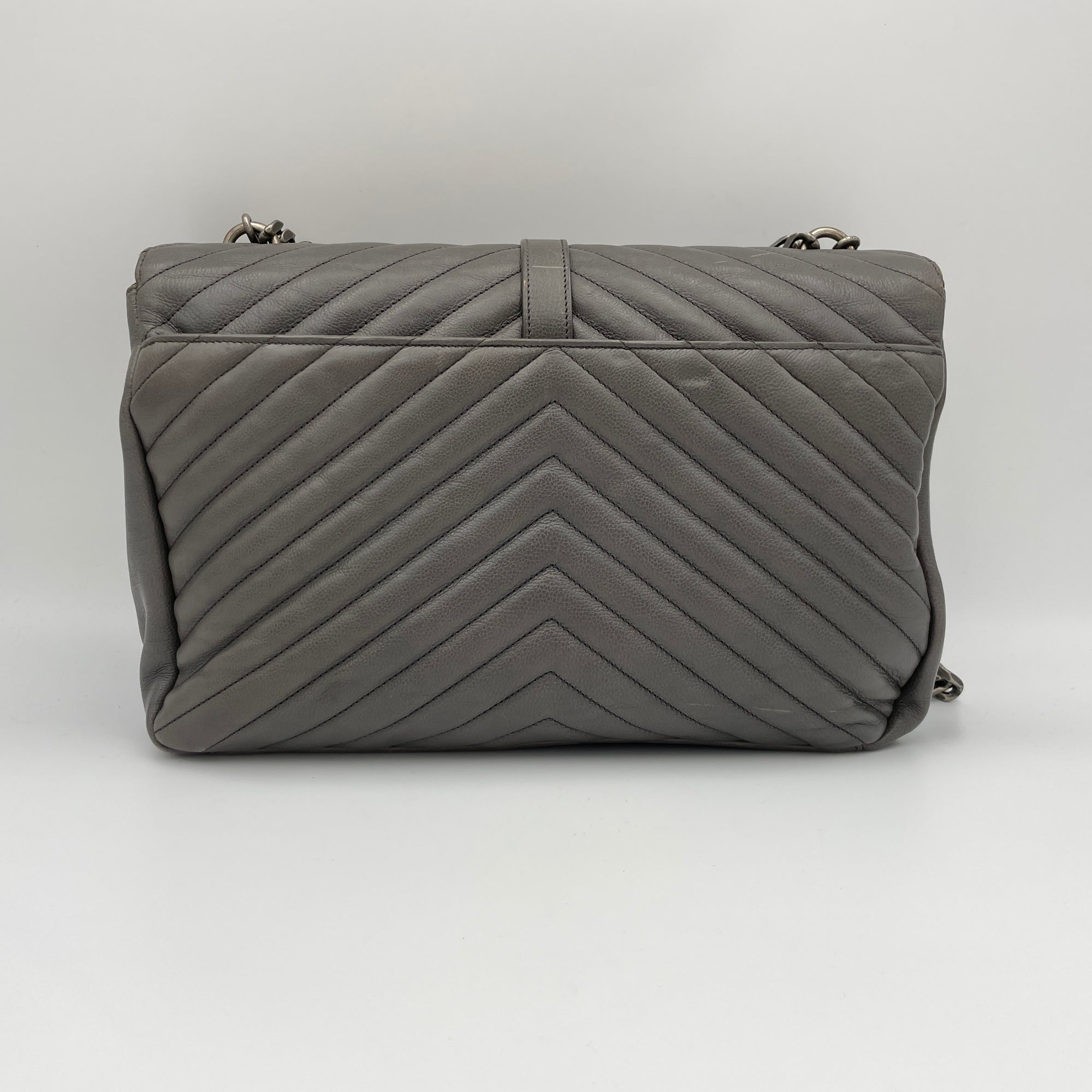 College Large Grey Top Handle Bag in Calfskin, Ruthenium hardware