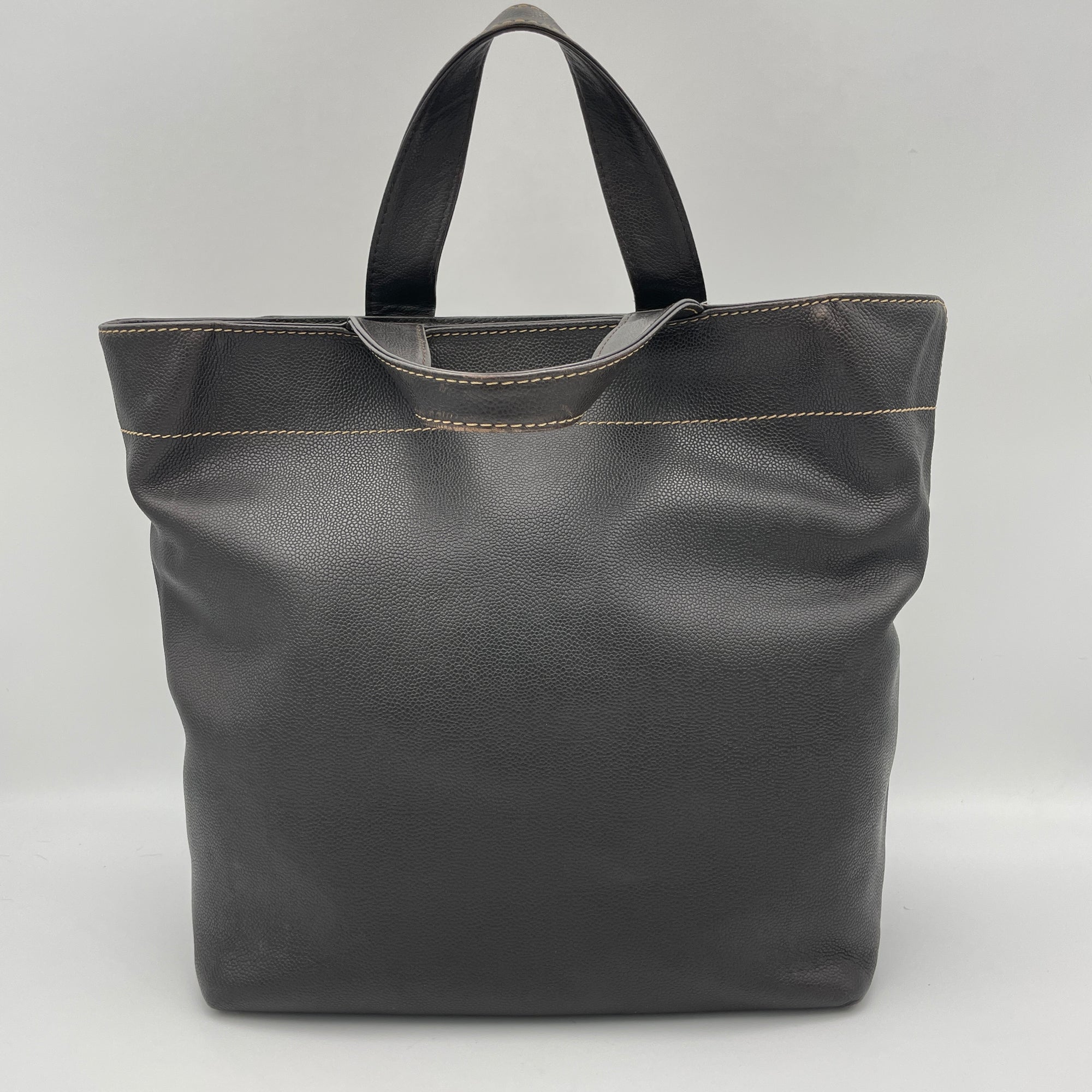 CC 2Way Tote Bag Brown Top Handle Bag in Caviar Leather, Silver hardware