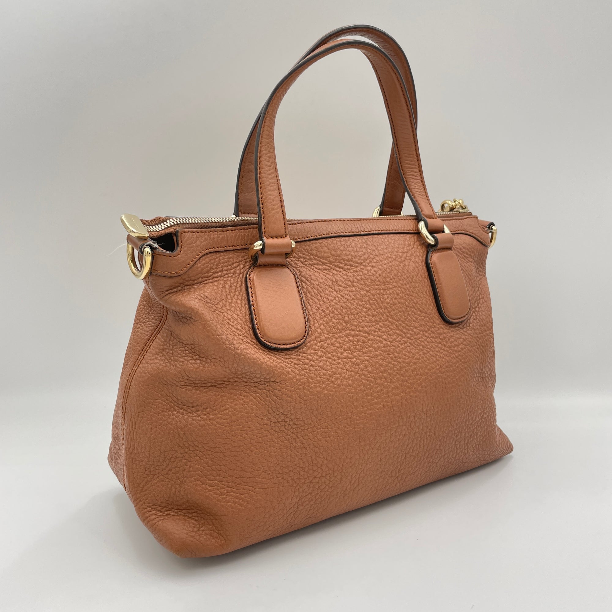 Soho Two-Way Brown Top Handle Bag in Calfskin, Gold hardware