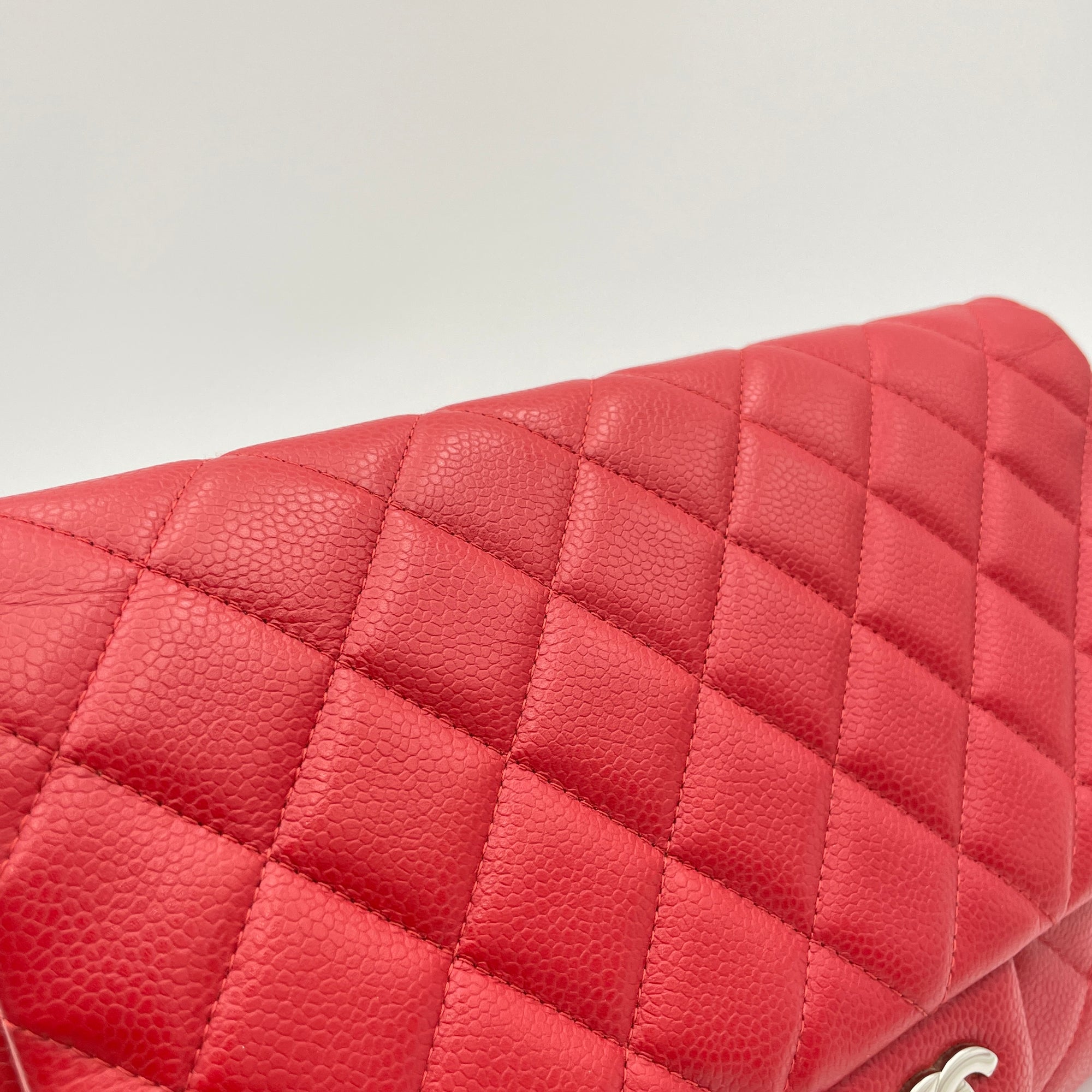 Quilted Chain Red Clutch in Caviar Leather, Silver hardware