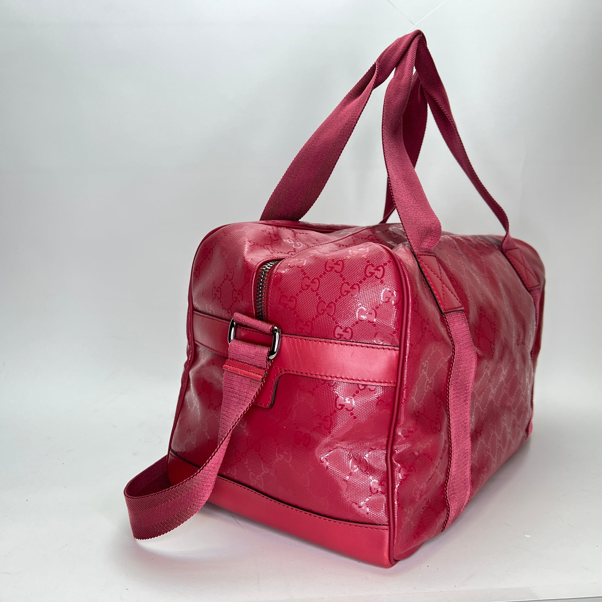 GG Imprime Boston Red Duffle Bag in Monogram Coated Canvas, Silver hardware