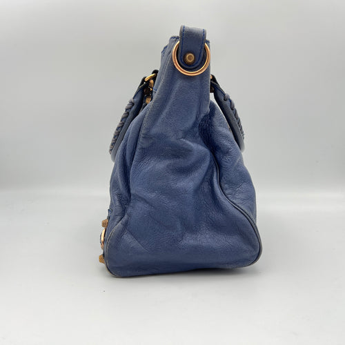 Velo Blue Top Handle Bag in Distressed Leather, Antique Brass hardware