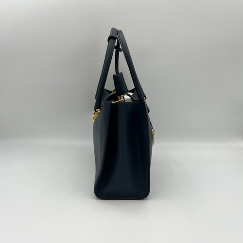 Gancini Navy Top Handle Bag in Calfskin, Gold hardware