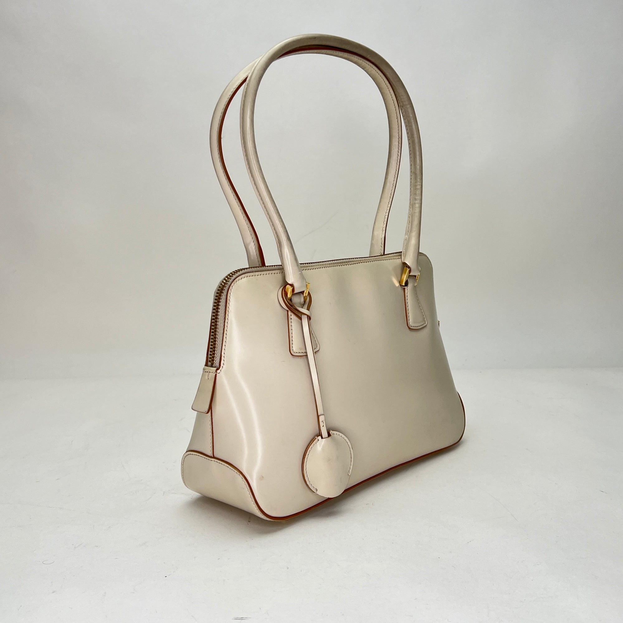 Zip Around Cream Top Handle Bag in Calfskin, Gold hardware