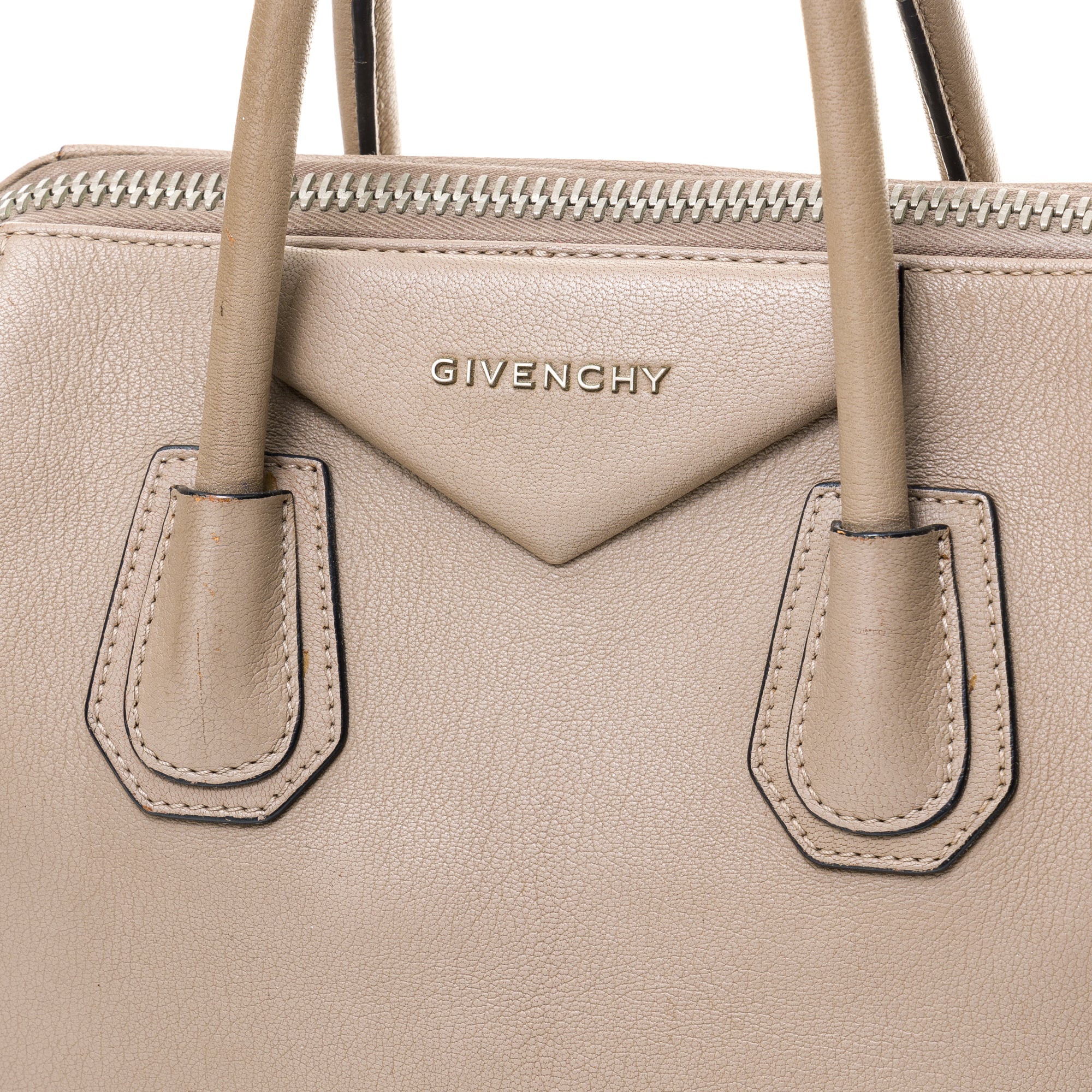 Antigona Small Brown Top Handle Bag in Goat Leather, Silver hardware