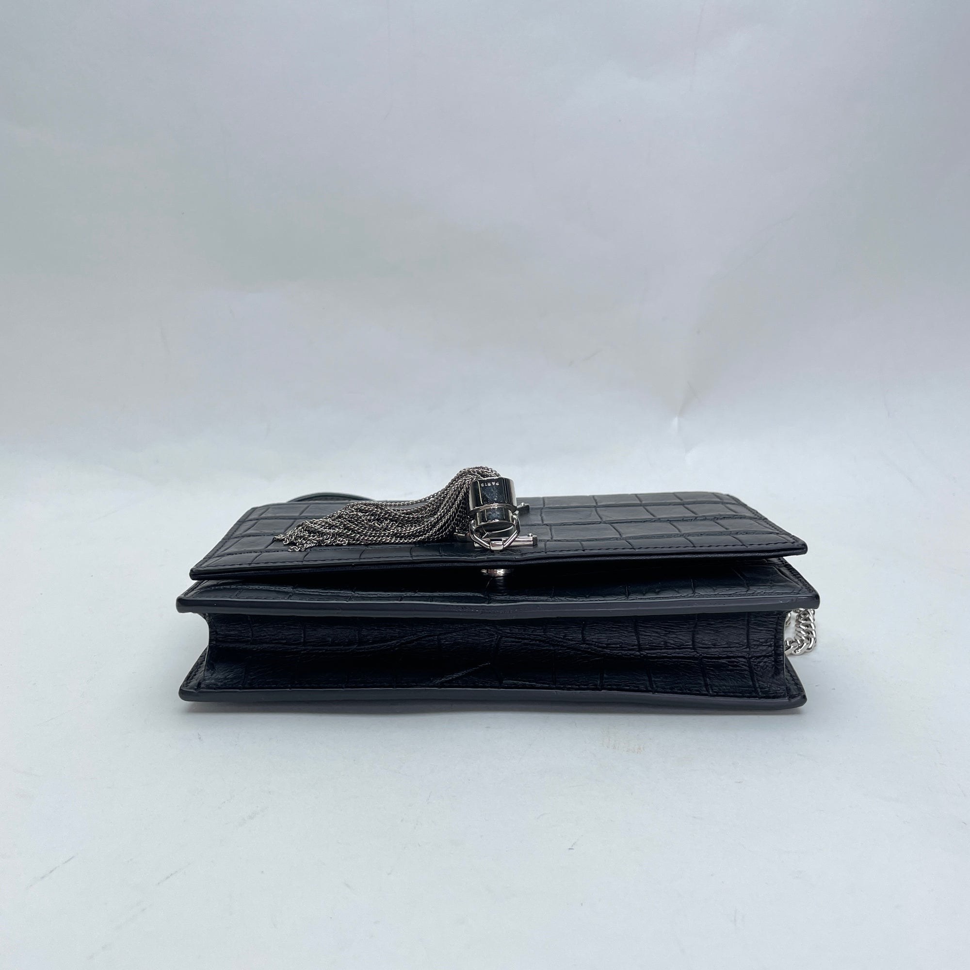 Kate Tassel Small Black Wallet on Chain in Crocodile Embossed Calfskin, Silver hardware