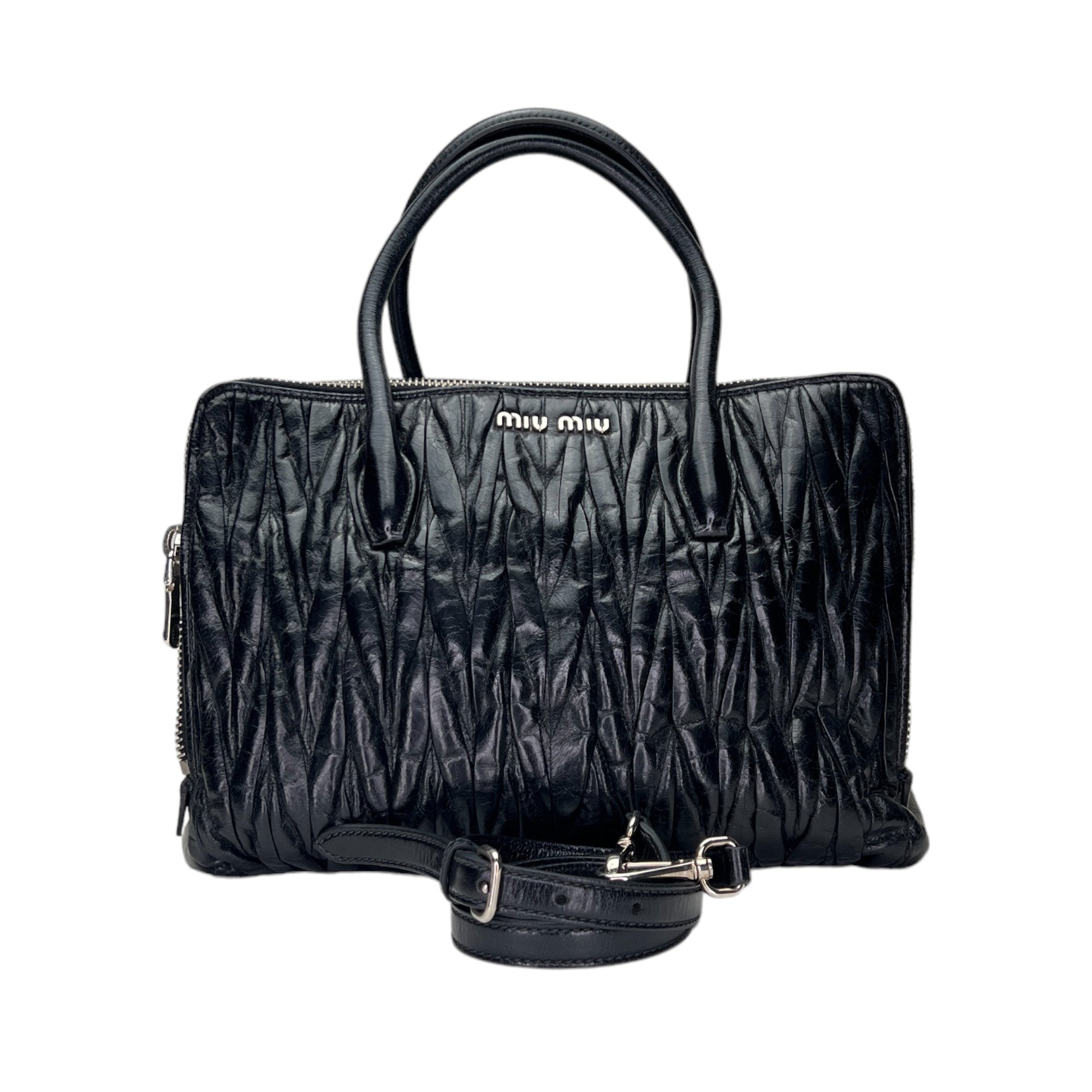 Matelasse Black Top Handle Bag in Distressed Leather, Silver hardware