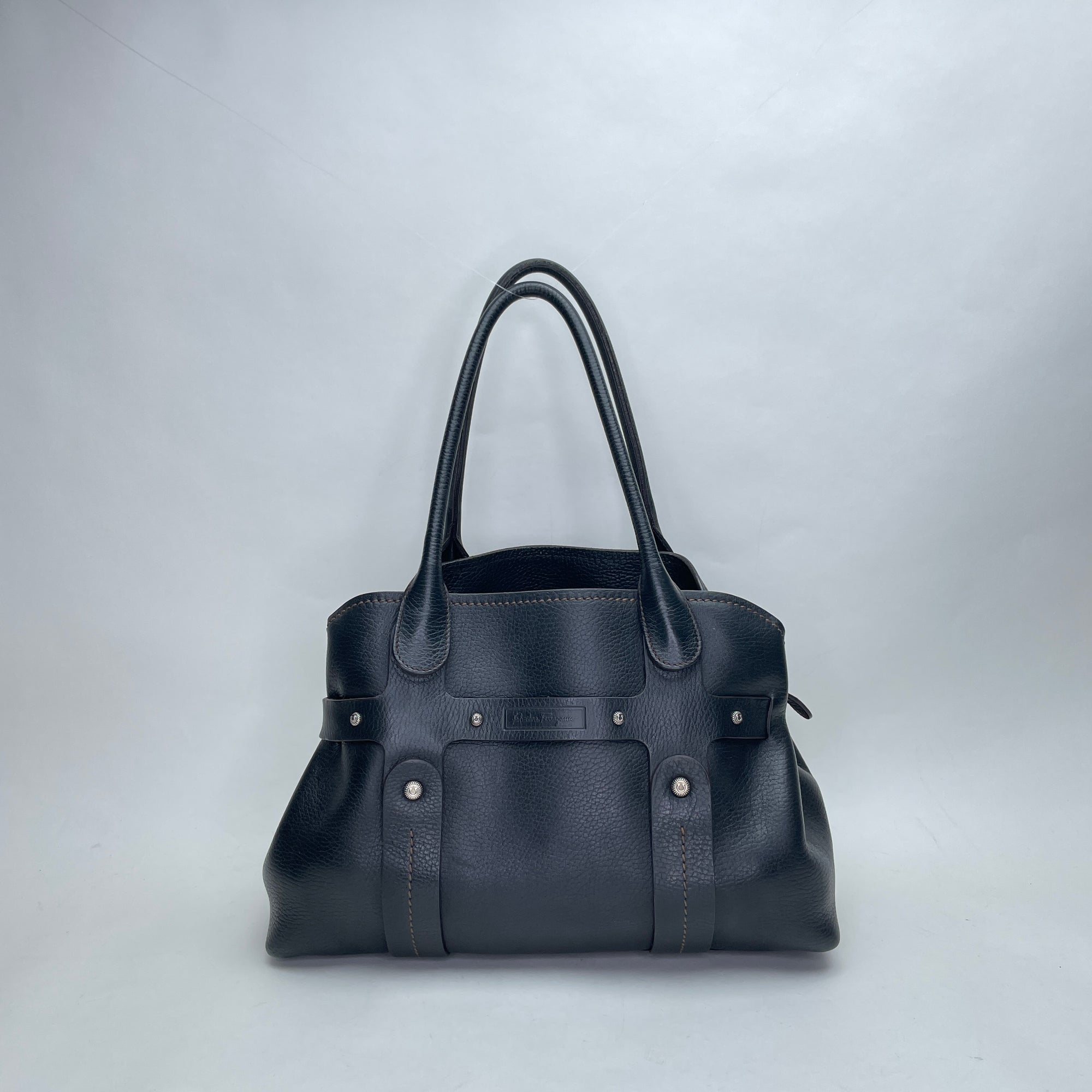 Shoulder Black Top Handle Bag in Calfskin, Silver hardware