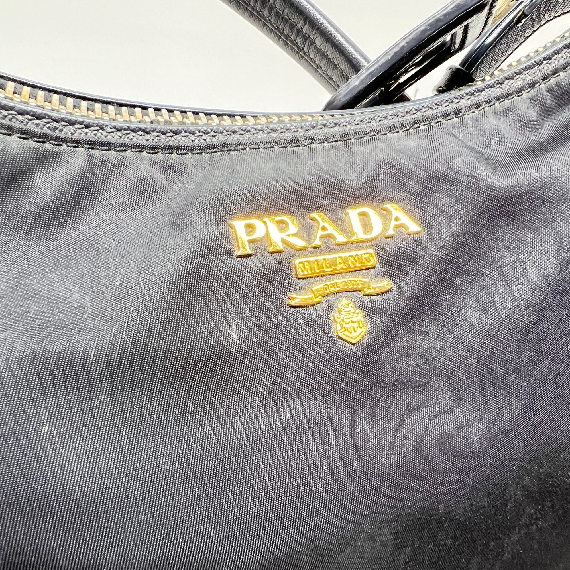 Logo Hobo Black Shoulder Bag in Nylon, Gold hardware