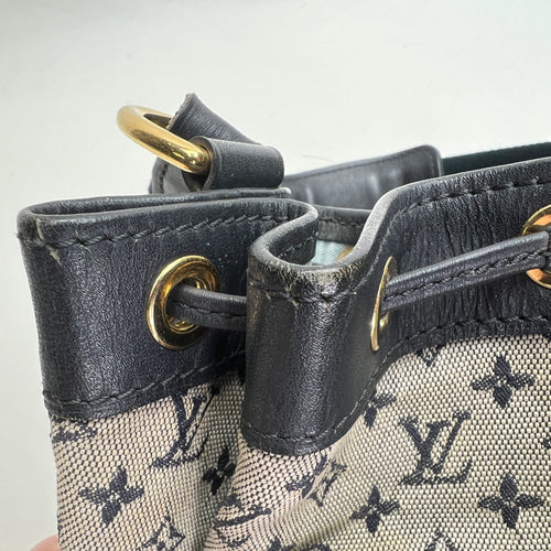 Lin Noelie Monogram Mini Navy Bucket Bag in Canvas, Gold hardware