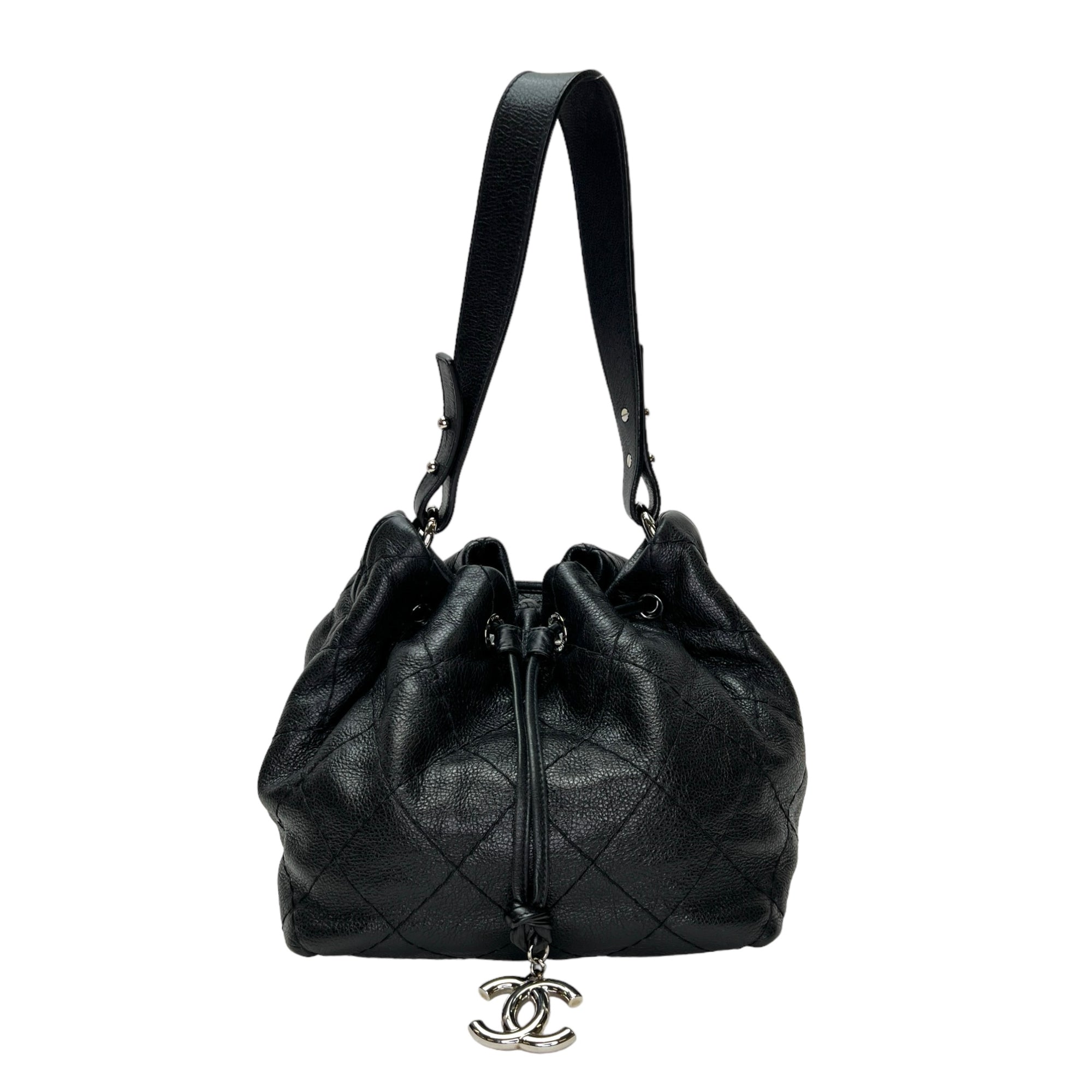 Quilted Drawstring Black Bucket Bag in Calfskin, Silver hardware