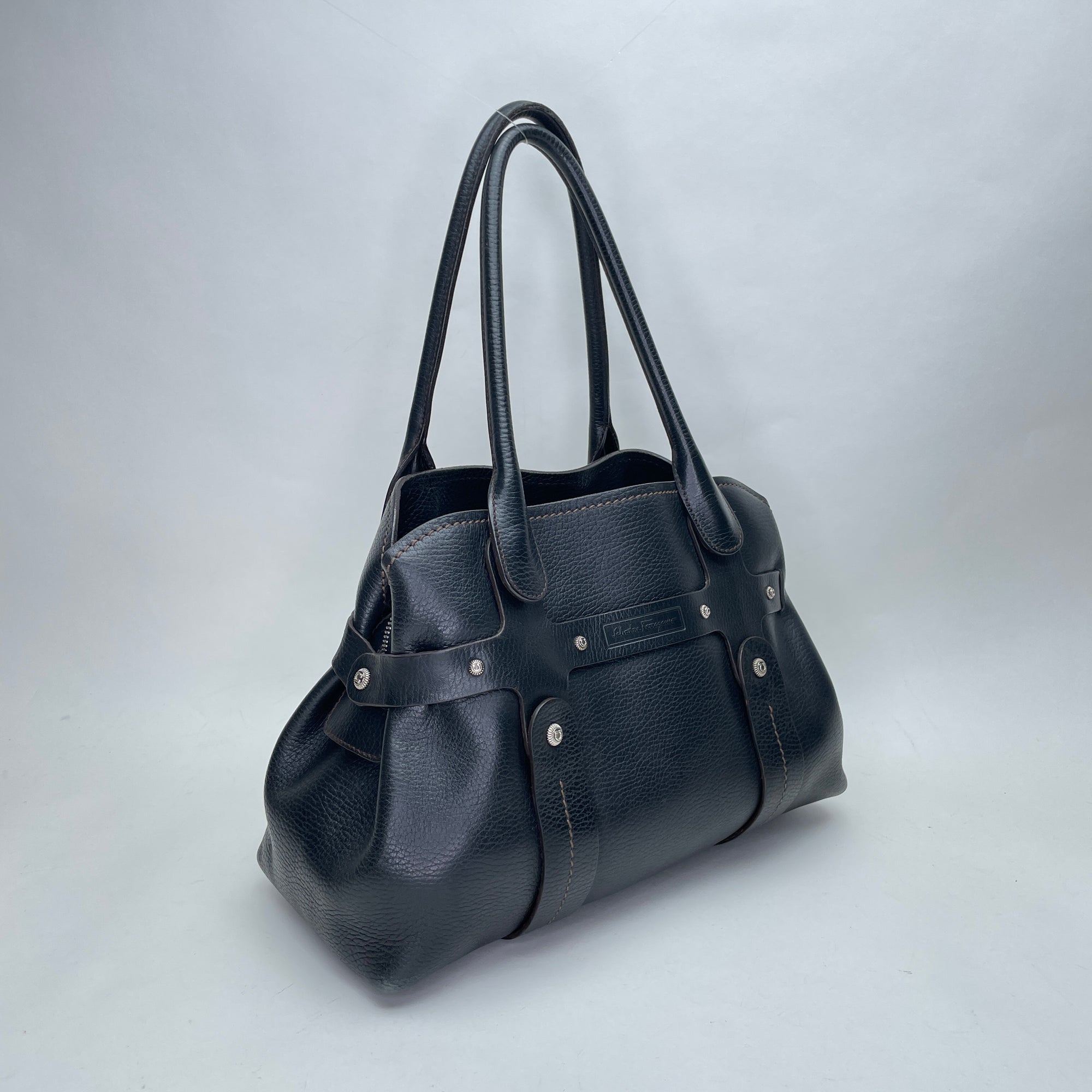 Shoulder Black Top Handle Bag in Calfskin, Silver hardware