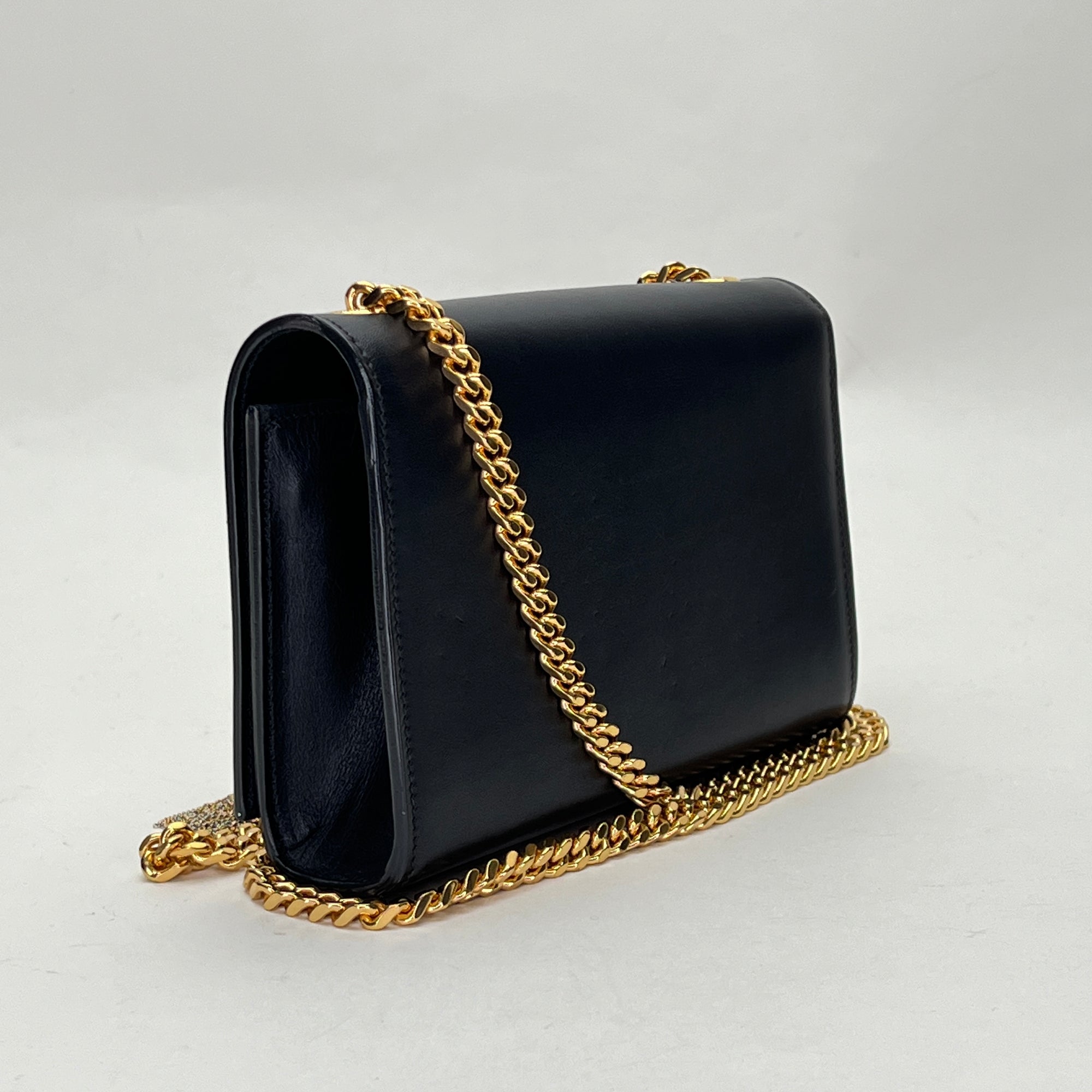 KATE TASSEL Mini Black Wallet on Chain in Calfskin, Gold hardware