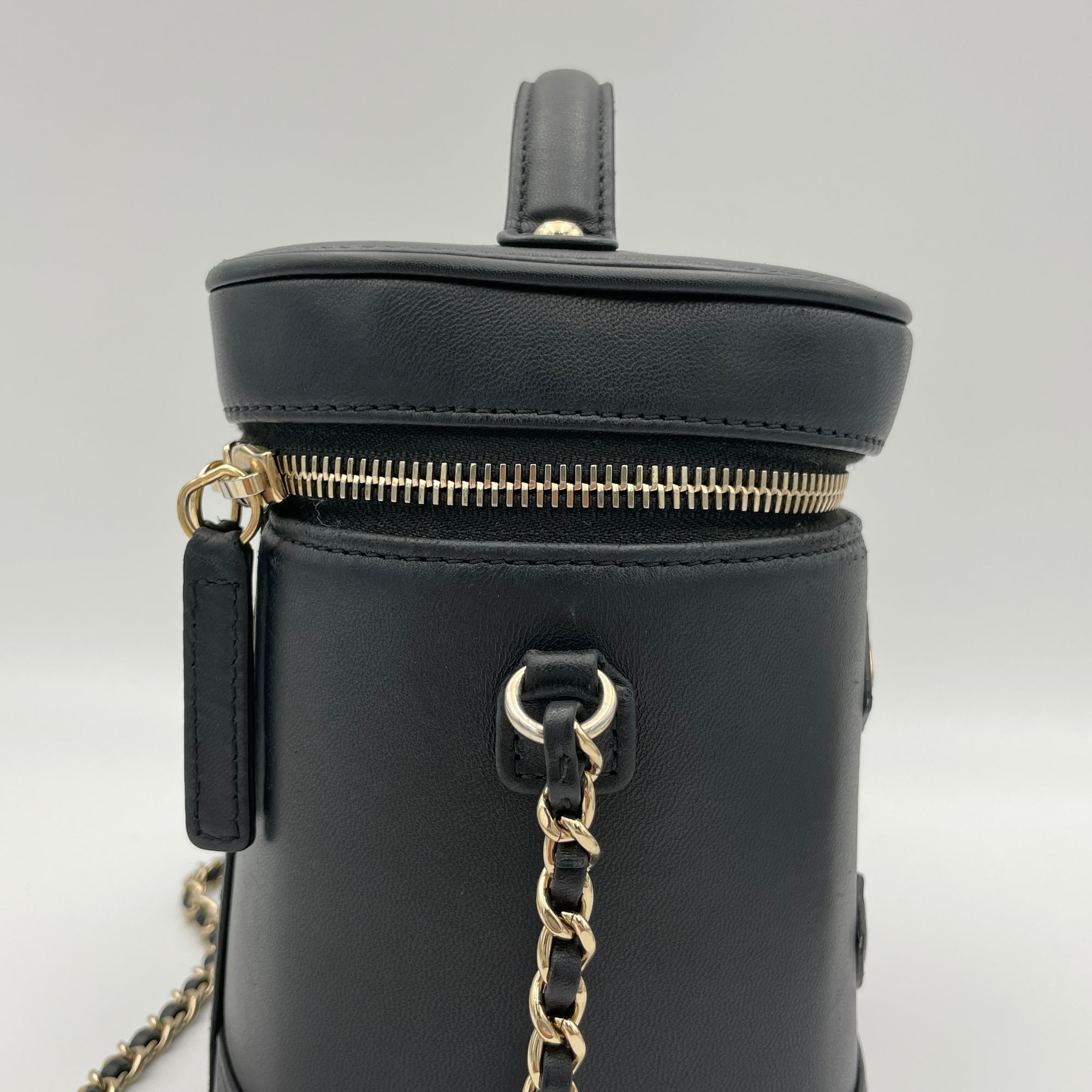 CC Vanity Black Top Handle Bag in Lambskin, Gold hardware