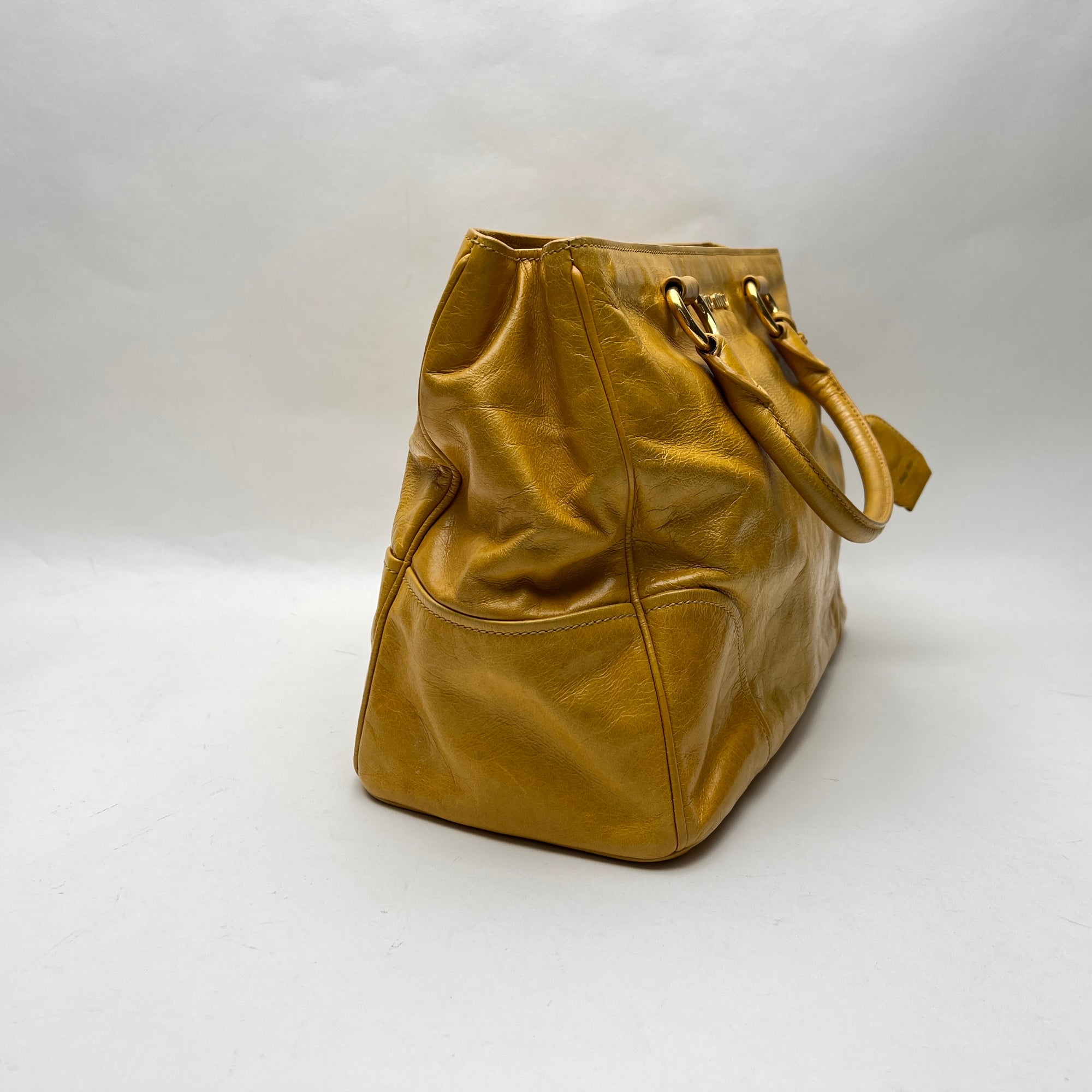 Vitello Shine Yellow Top Handle Bag in Calfskin, Gold hardware