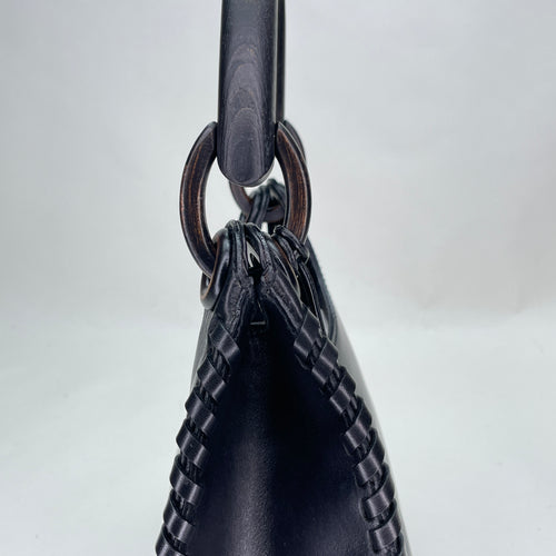 Whipstitch Wooden Handle Hobo Black Shoulder Bag in Calfskin, Lacquered Metal hardware