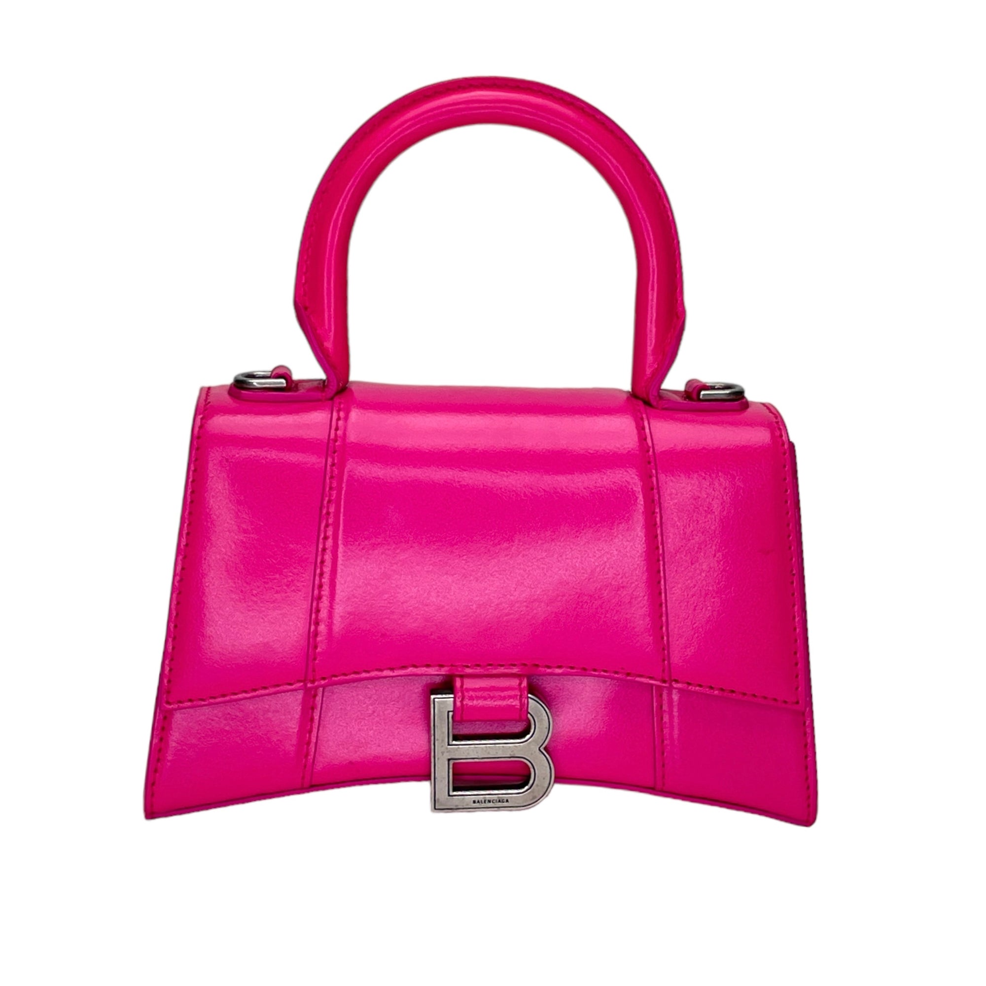 Hourglass XS Pink Top Handle Bag in Calfskin, Silver hardware