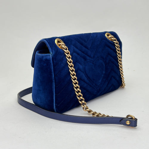 Marmont Small Blue Shoulder Bag in Velvet, Gold hardware