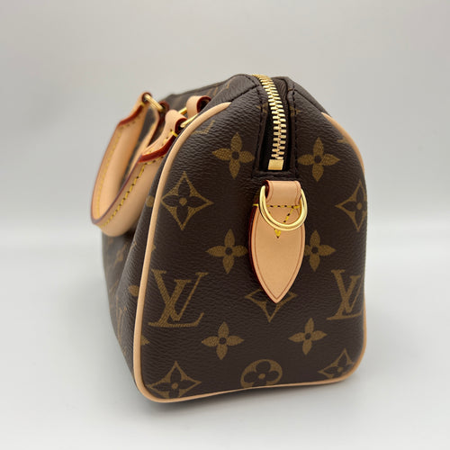 Speedy Bandouliere 20 Brown Top Handle Bag in Monogram Coated Canvas, Gold hardware