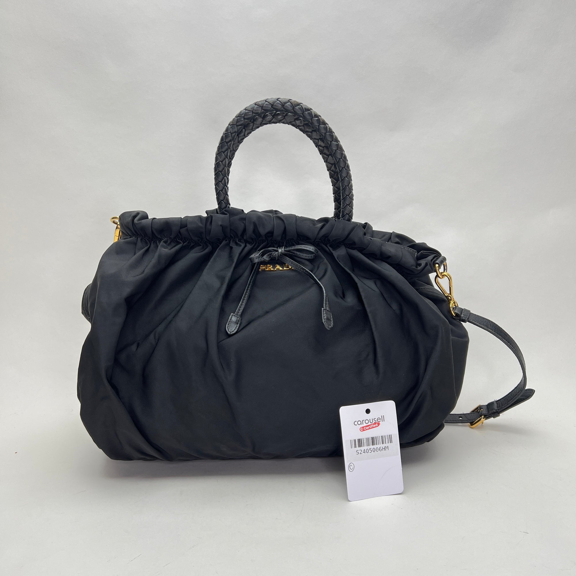 Braided Top Handle Bag Black Top Handle Bag in Nylon, Gold hardware