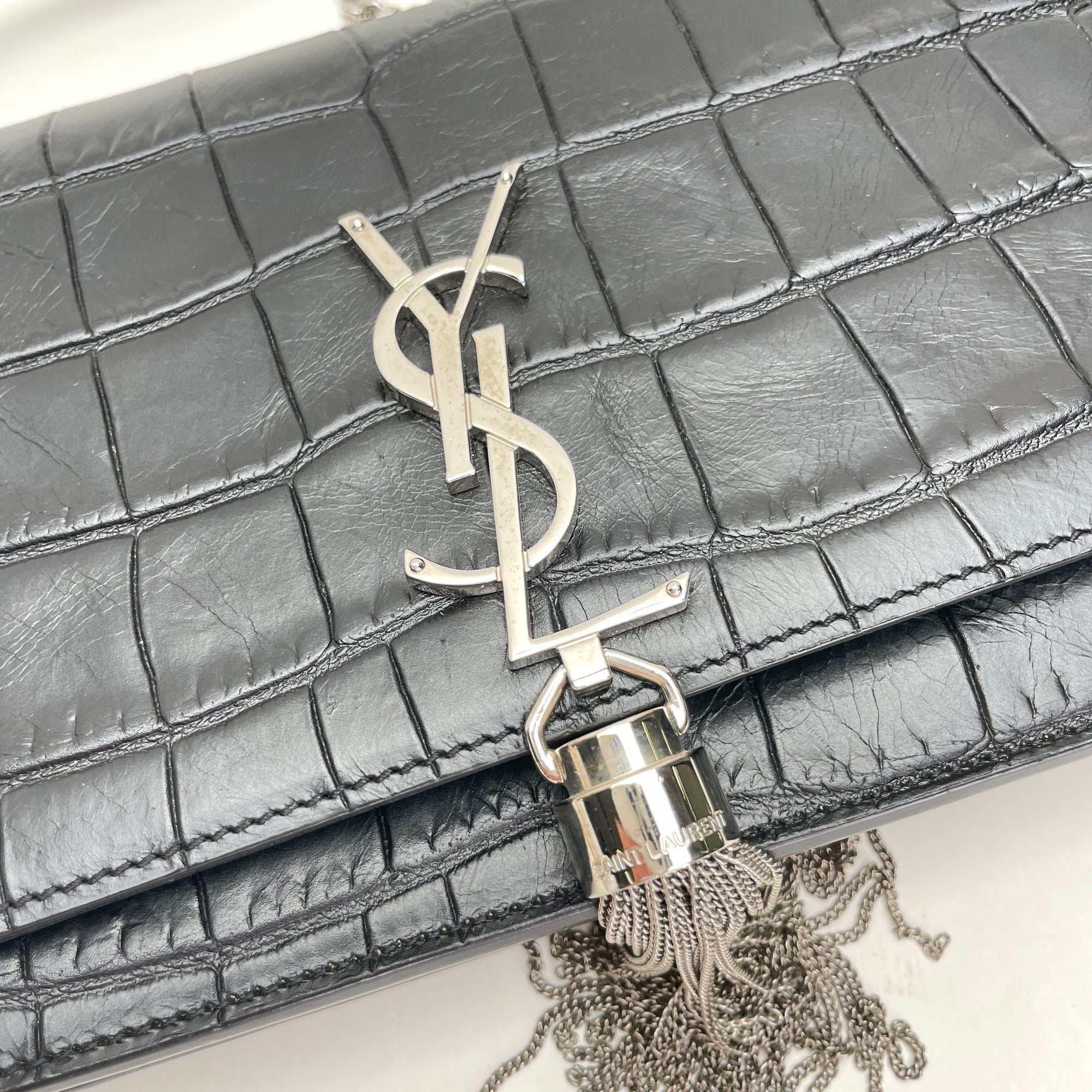 Kate Tassel Small Black Wallet on Chain in Crocodile Embossed Calfskin, Silver hardware