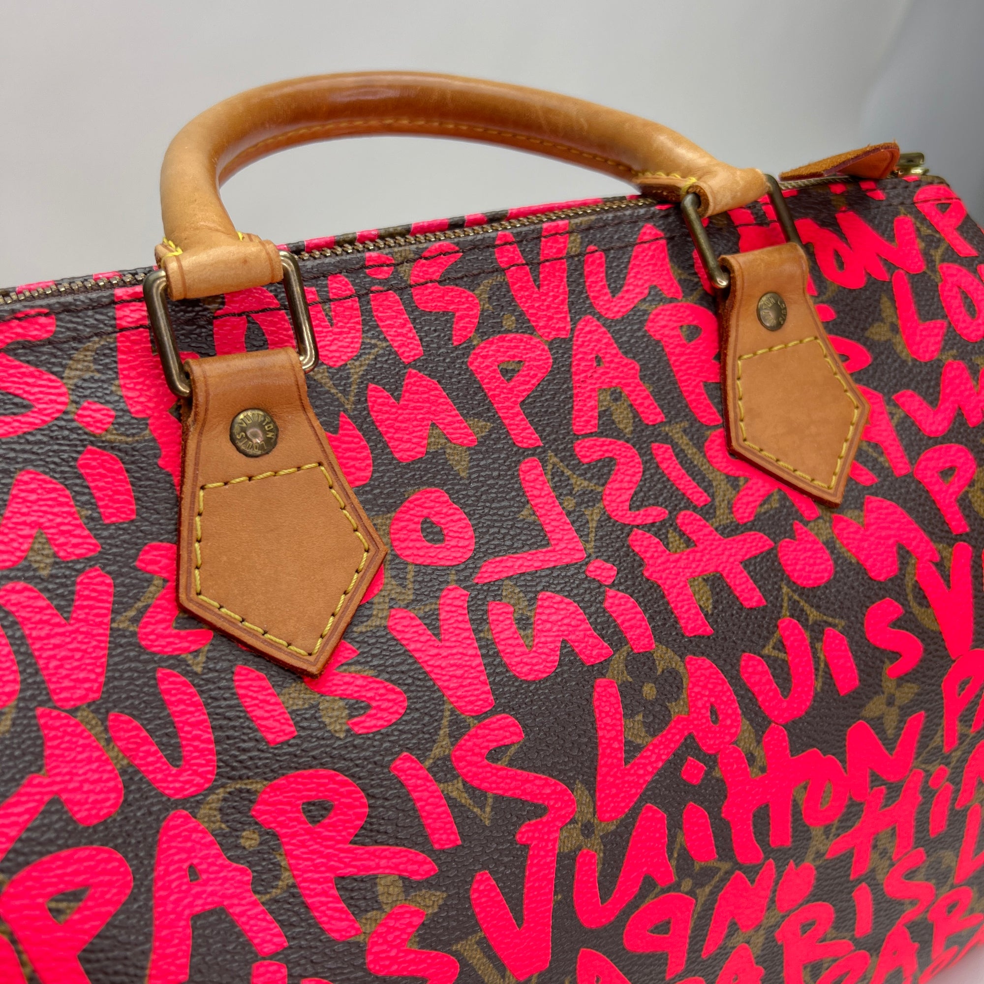 Speedy Graffiti Stephen Sprouse 30 Pink Top Handle Bag in Monogram Coated Canvas, Gold hardware