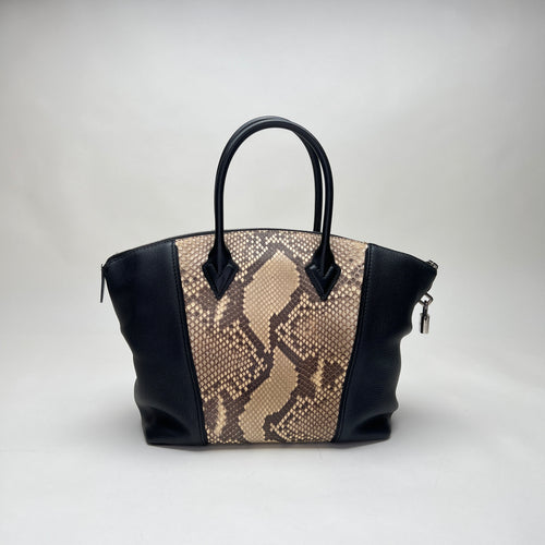 LockIt PM Black Top Handle Bag in Python Leather, Silver hardware