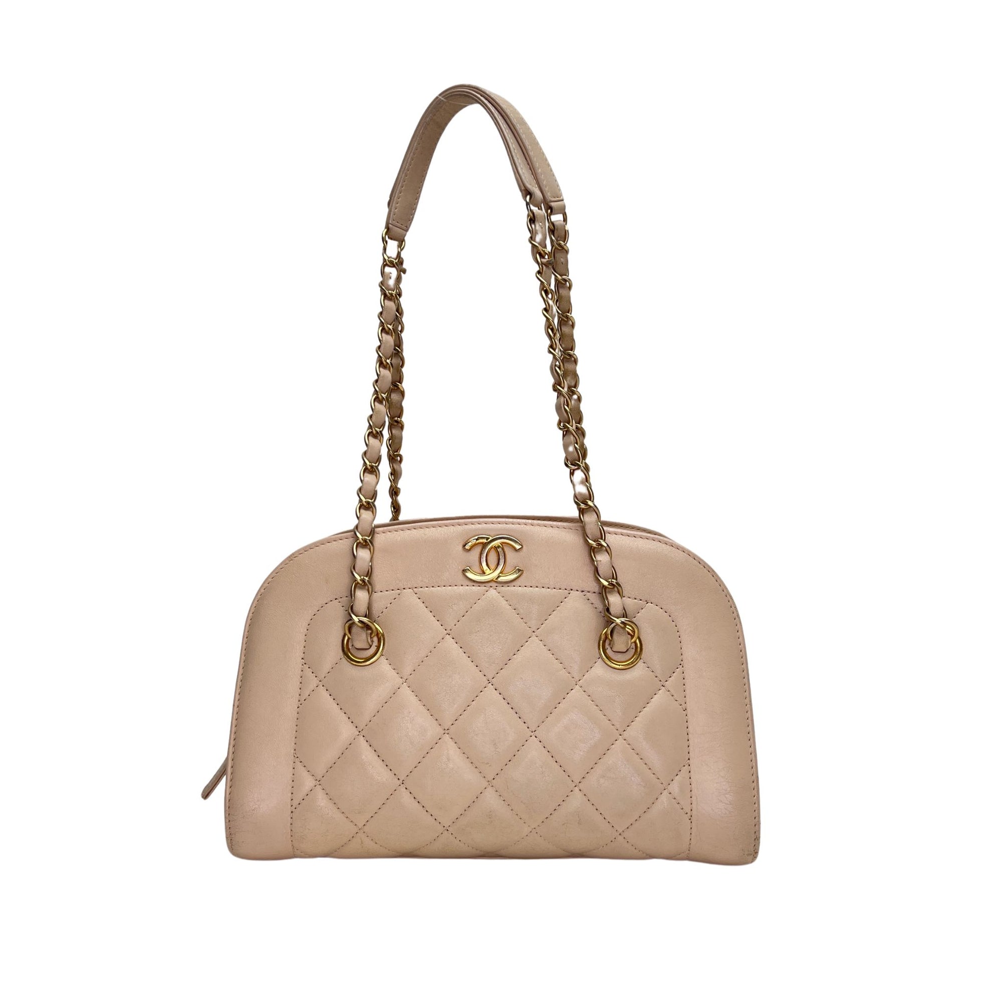 Zip Around Quilted Beige Shoulder Bag in Lambskin, Gold hardware