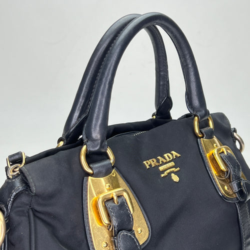 Satchel Black Top Handle Bag in Nylon, Gold hardware