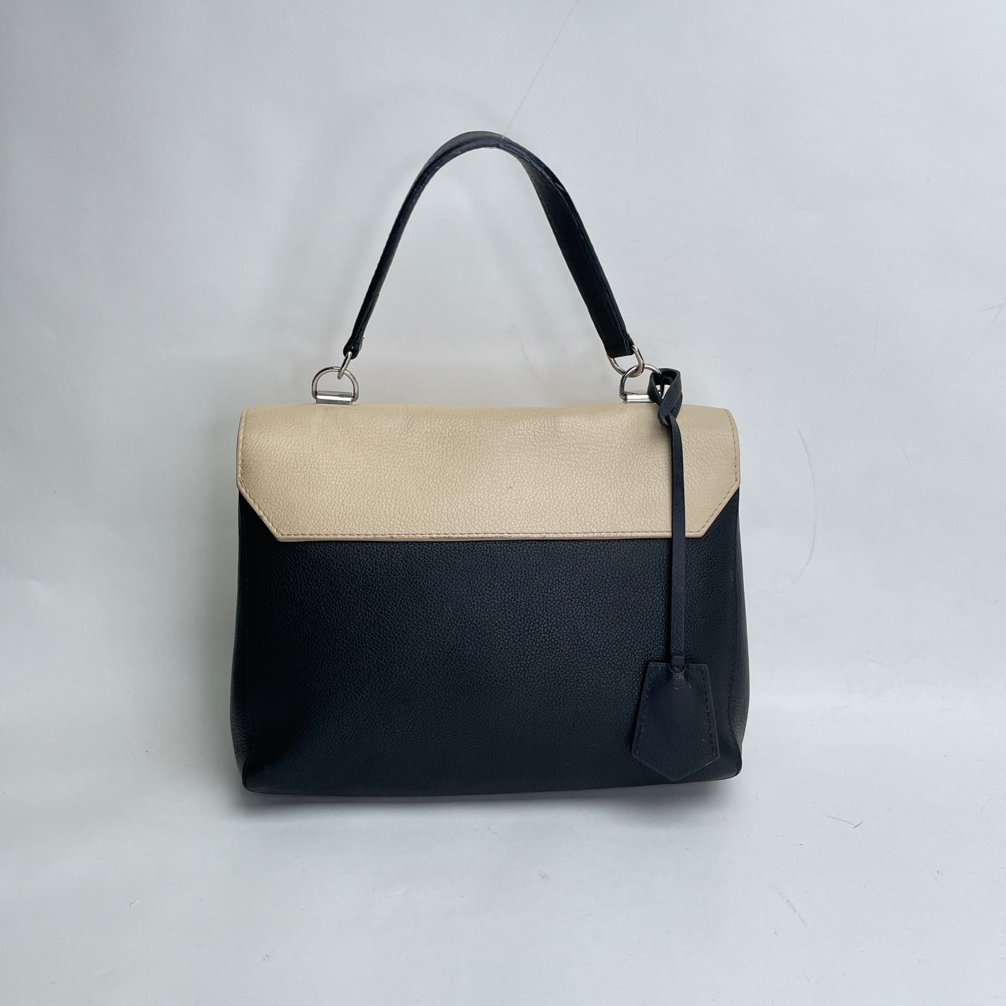 Lockme II Black Top Handle Bag in Calfskin, Silver hardware