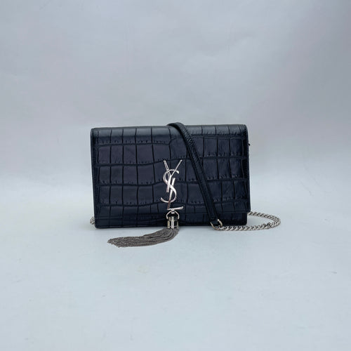 Kate Tassel Small Black Wallet on Chain in Crocodile Embossed Calfskin, Silver hardware