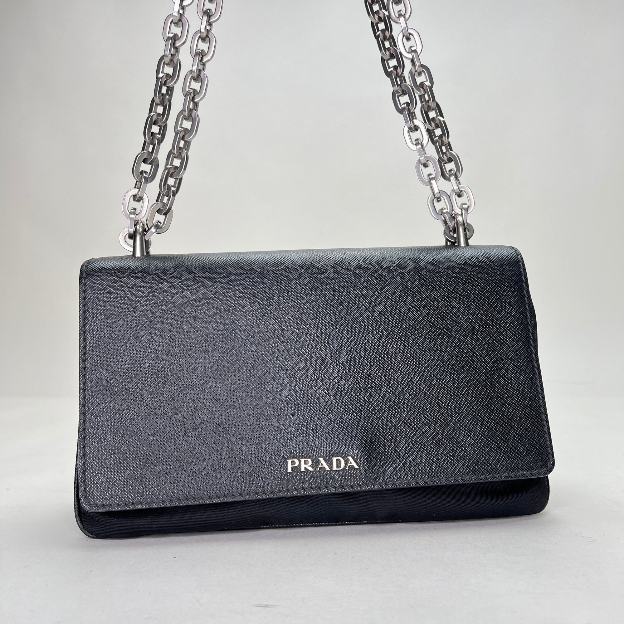 Phenix Black Shoulder Bag in Saffiano Leather, Silver hardware