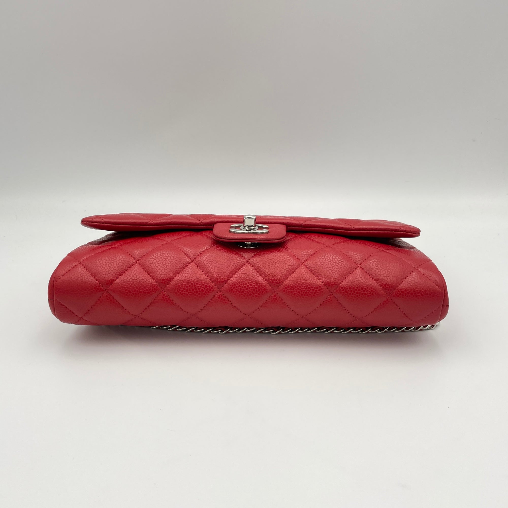 Quilted Chain Red Clutch in Caviar Leather, Silver hardware