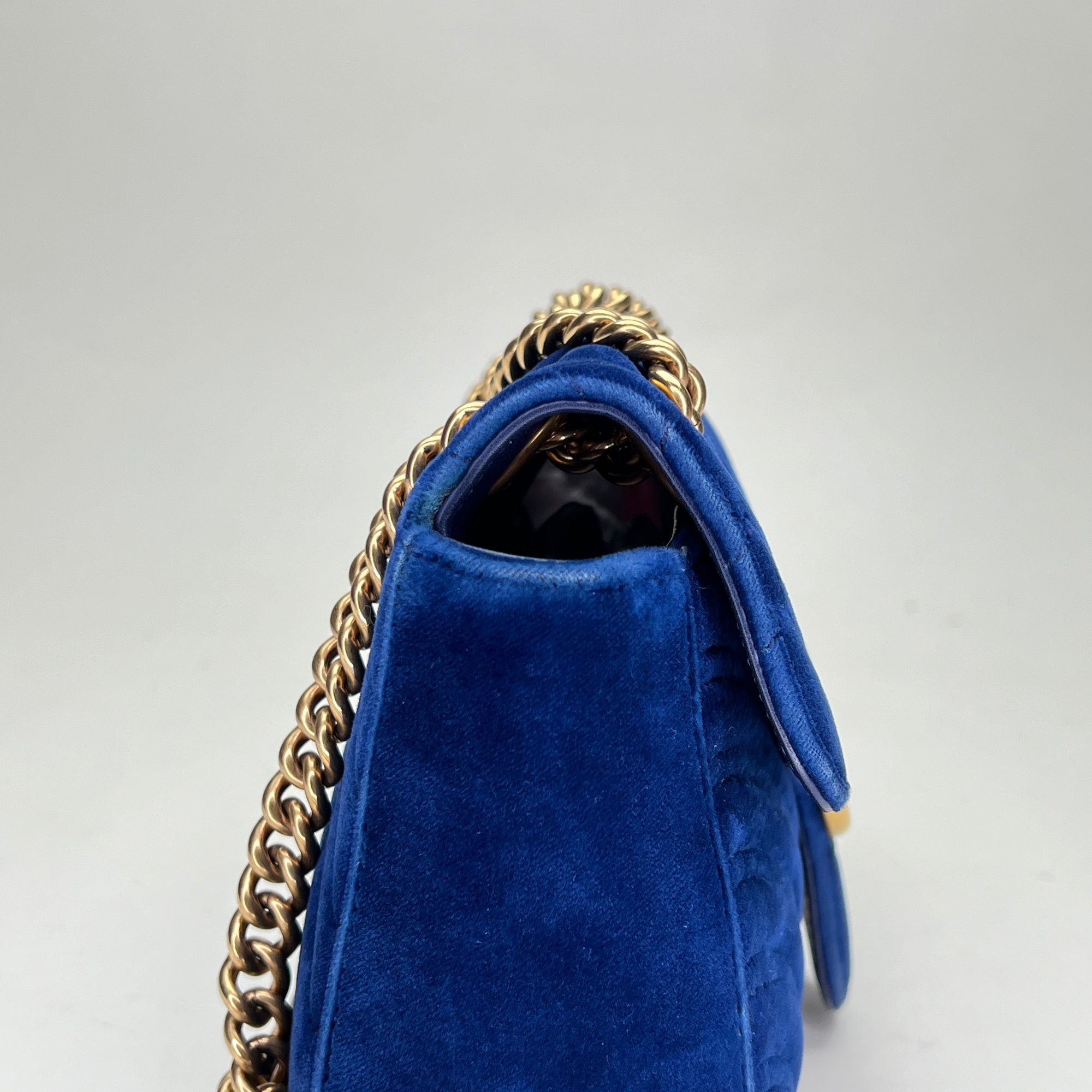 Marmont Small Blue Shoulder Bag in Velvet, Gold hardware