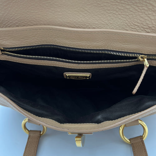 Vitello Twist Lock Beige Top Handle Bag in Calfskin, Gold hardware