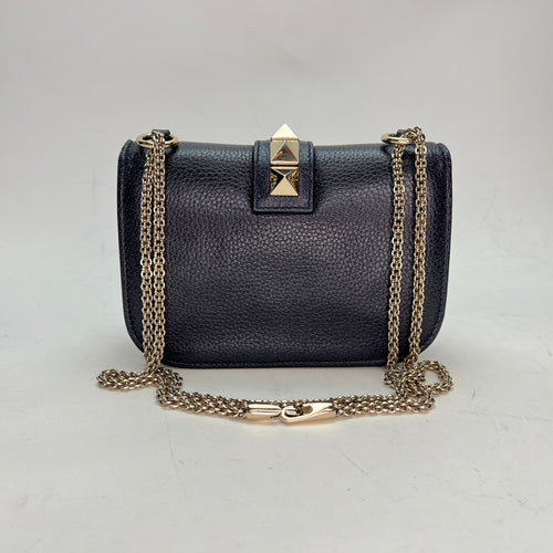 Rockstud Glam Lock Navy Crossbody Bag in Calfskin, Light Gold hardware