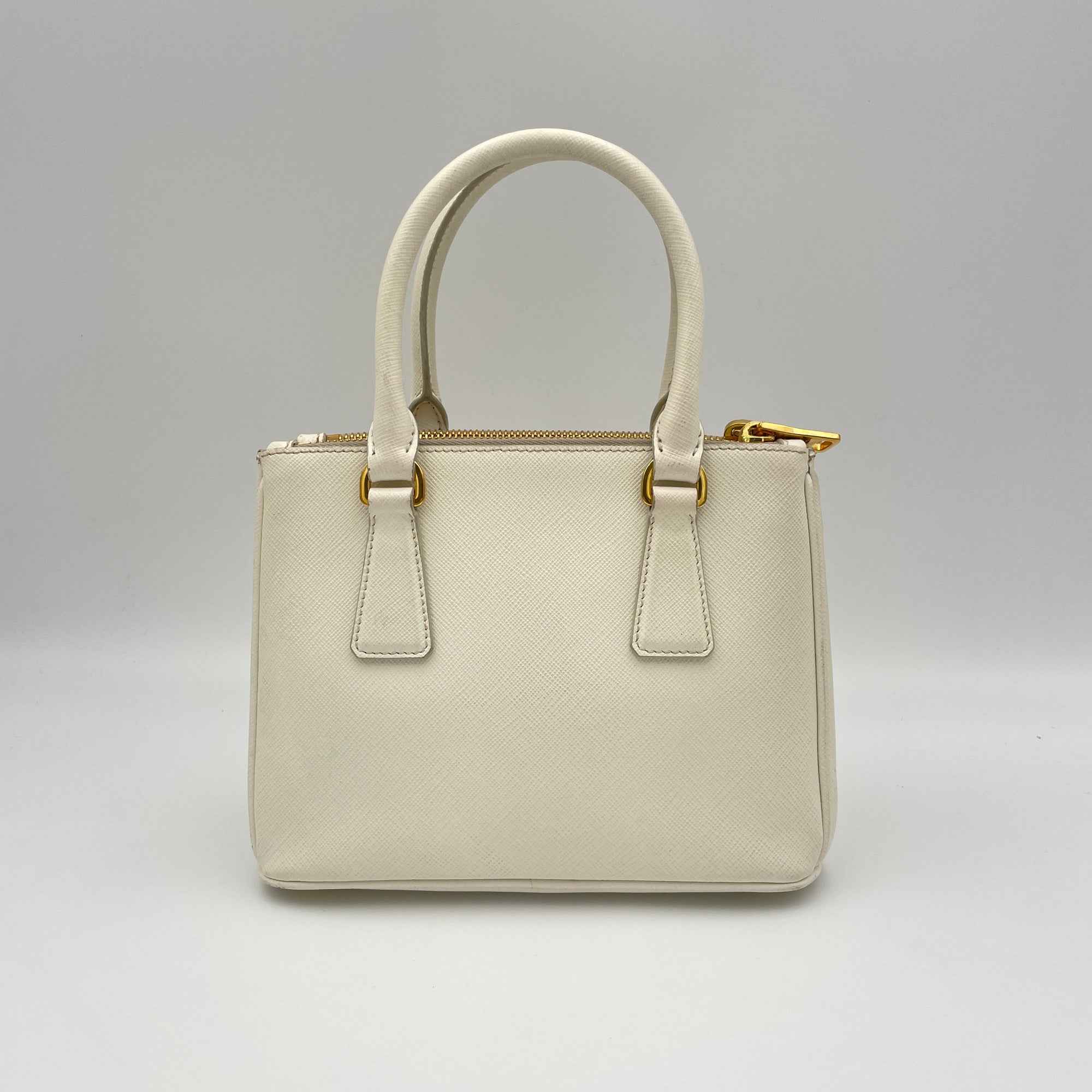 Galleria Mini White Top Handle Bag in Saffiano Leather, Gold hardware