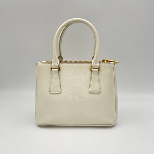 Galleria Mini White Top Handle Bag in Saffiano Leather, Gold hardware