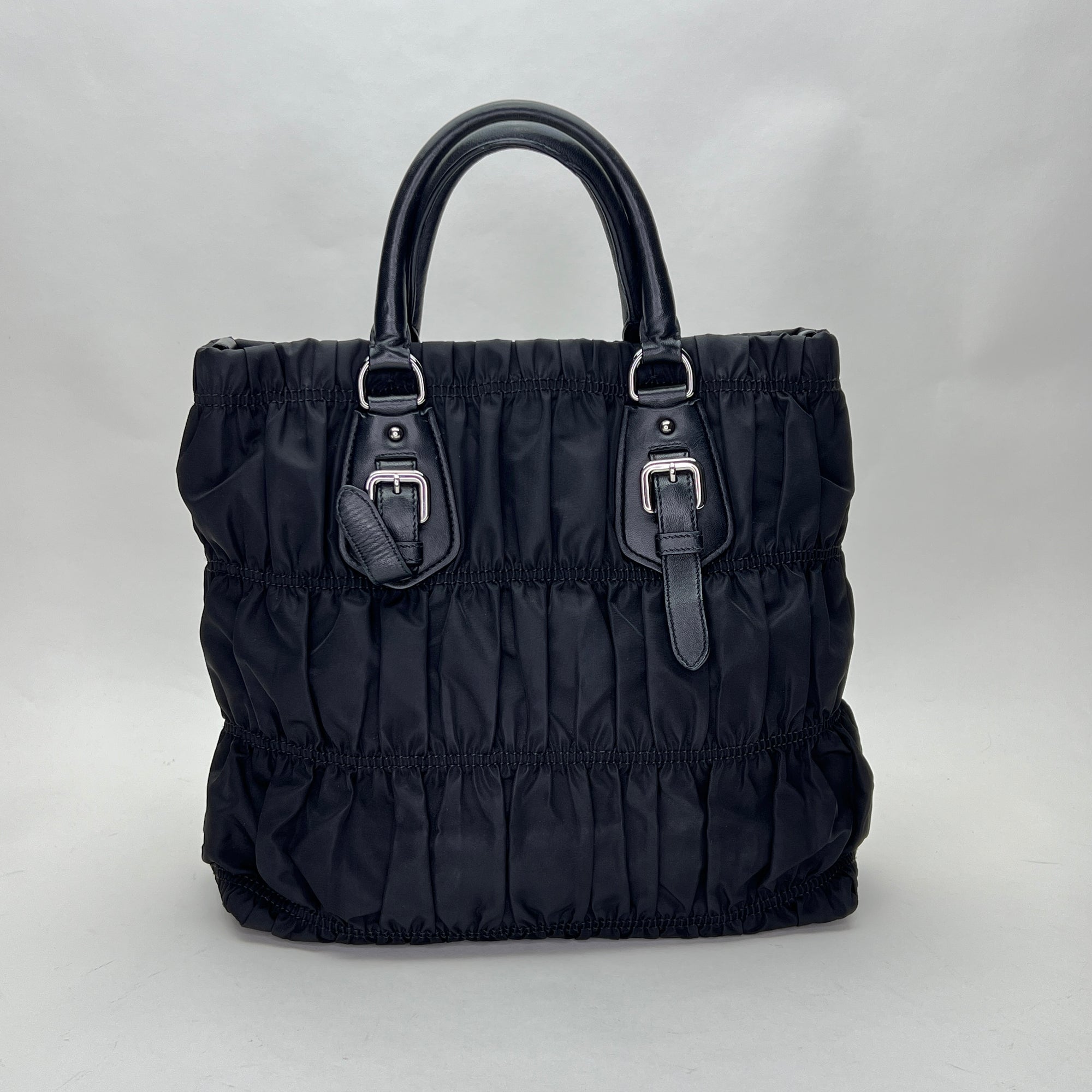 Gaufre Black Top Handle Bag in Nylon, Silver hardware